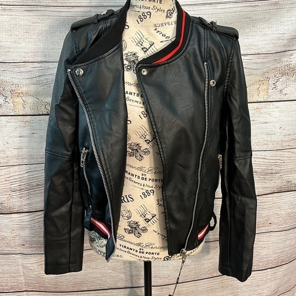 Blank NYC “Frisky Business” Faux Leather Vegan Moto Jacket Bally Stripe XS - Picture 9 of 15